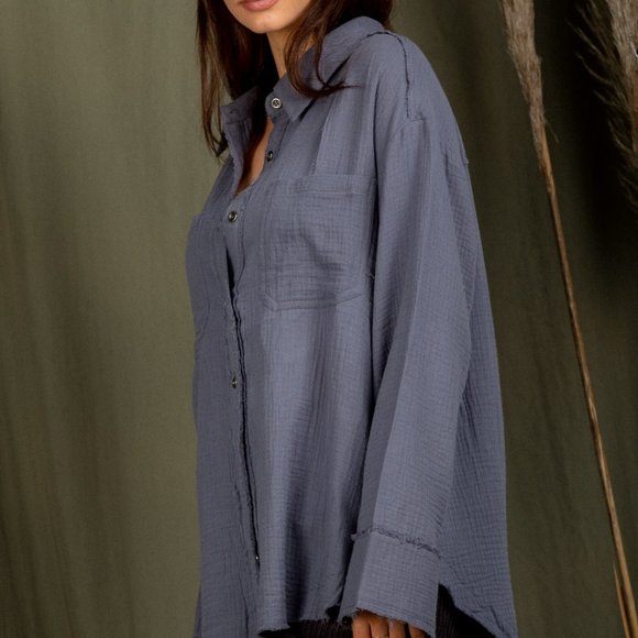 NWT Frayed Hem Detail Woven Shirt Top - Picture 3 of 4